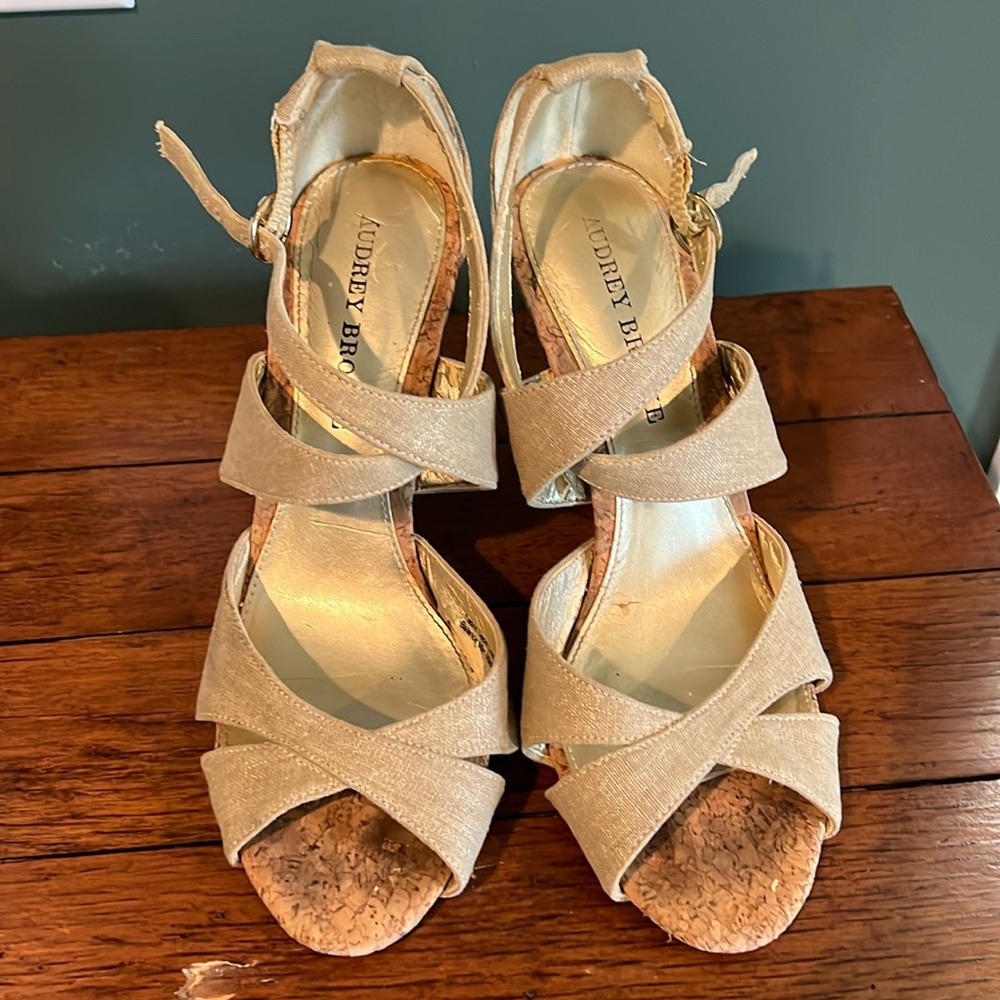 Audrey Brooke cork heeled, gold shimmer heels